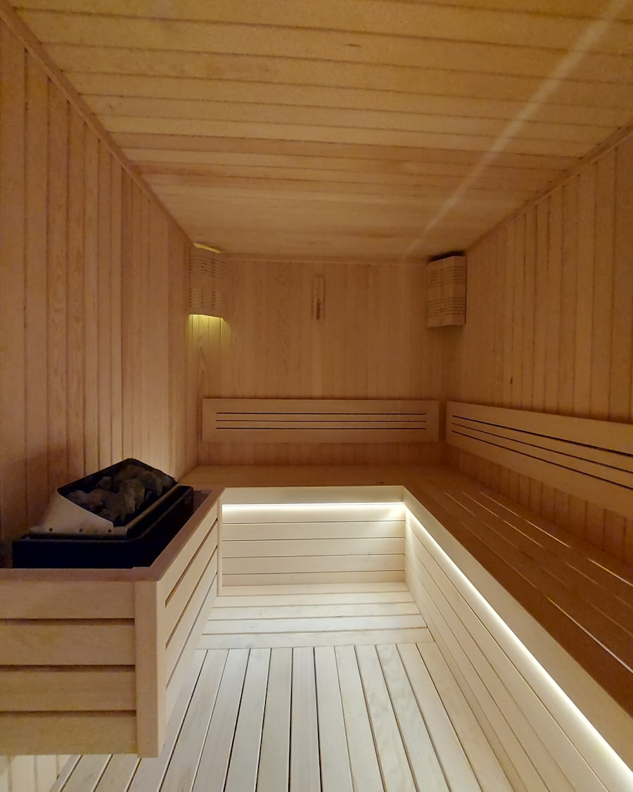 Timber-lined steam and sauna room interior